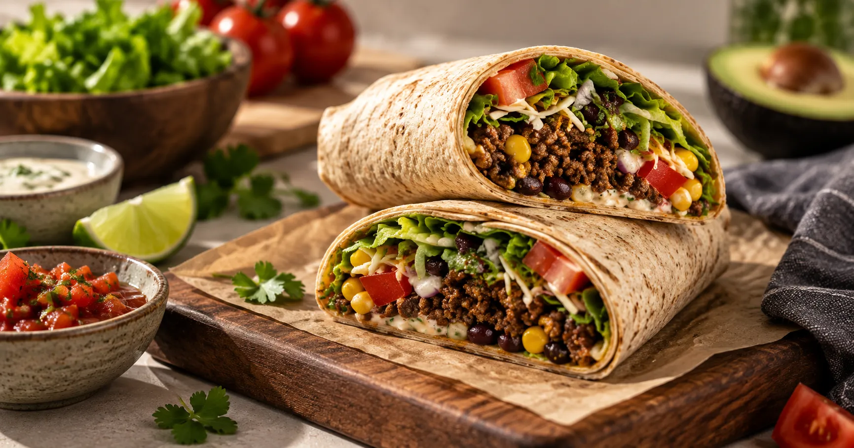 A photo of a beef taco wrap